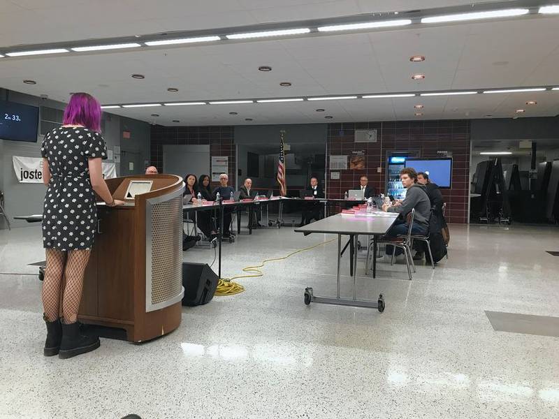Lakes Community High School freshman Lia Neveu addresses the Antioch Community High School District 117 board Thursday, March 24, 2022. Neveu and other students have started a petition to put "Gender Queer" back on library shelves.