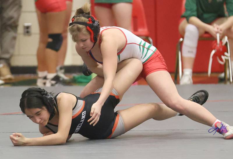 L-P's Sarah Lowery wrestels Kaneland's Marwa during a meet on Thursday, Jan. 22, 2026 in Sellett Gymnasium at L-P High School.