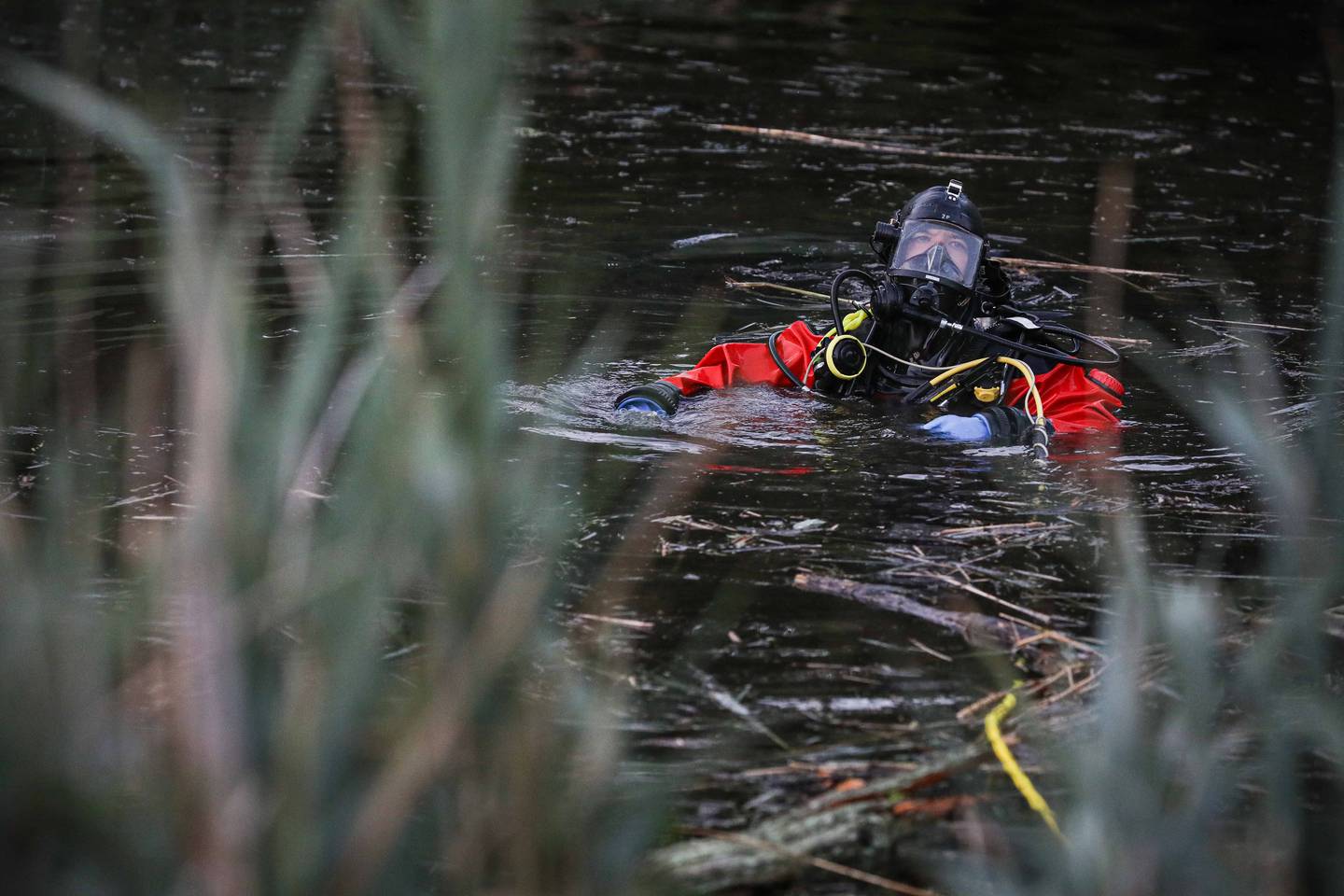 A diver searches a pond in Cary on July 28, 2025, where a car went into the water.