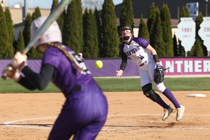Manteno's Ava Peterson releases a pitch during the Panthers' 9-7 victory over Wilmington on Tuesday, April 8, 2025.