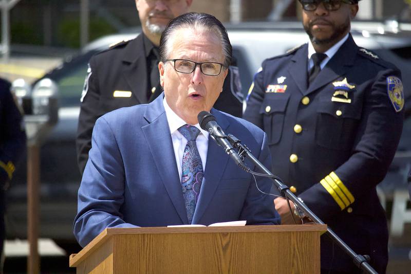 Jack Garcia, chairman of the Illinois State Police Memorial, speaks at the 44th Annual Will County Law Enforcement Memorial Day ceremony on Thursday, May 8, 2025, at the Will County Law Enforcement Memorial, 14 W. Jefferson St., Joliet.