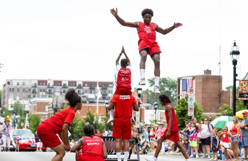 The Jesse White Tumblers perform on Main Street in Glen Ellyn during Glen Ellyn’s “4th of July Parade” on Friday, July 4, 2025.