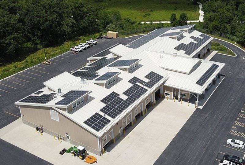 The Forest Preserve District of DuPage County's environmentally friendly initiatives include the rooftop solar panels on the fleet management building at Blackwell Forest Preserve.