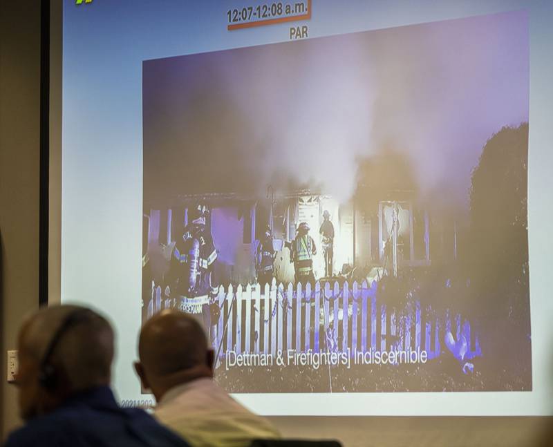 A video shown in court on Tuesday, Nov. 4, 2025, is of the fire that killed Sterling Firefighter Garrett Ramos.