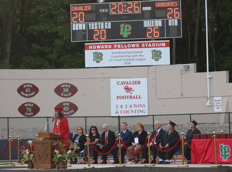 La Salle-Peru Township High School Senior Board President Claire Boudreau gives a speech during the L-P Class of 2026 commencement ceremony on Thursday, May 14, 2026 at Howard Fellows Stadium.