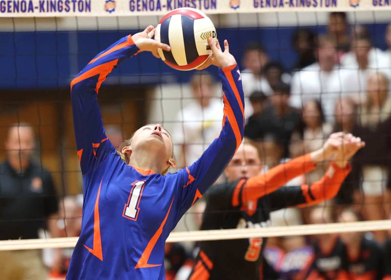Genoa-Kingston's Presley Meyer back sets the ball during their game against DeKalb Wednesday, Sept. 11, 2024, at Genoa-Kingston High School.