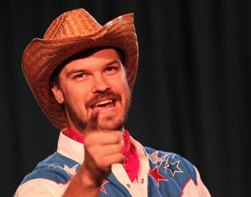 Dan Schweizer acts out a scene during a rehearsal of "The Trail to Oregon!" on Wednesday, Sept. 5, 2024, at Stage 212 in La Salle.