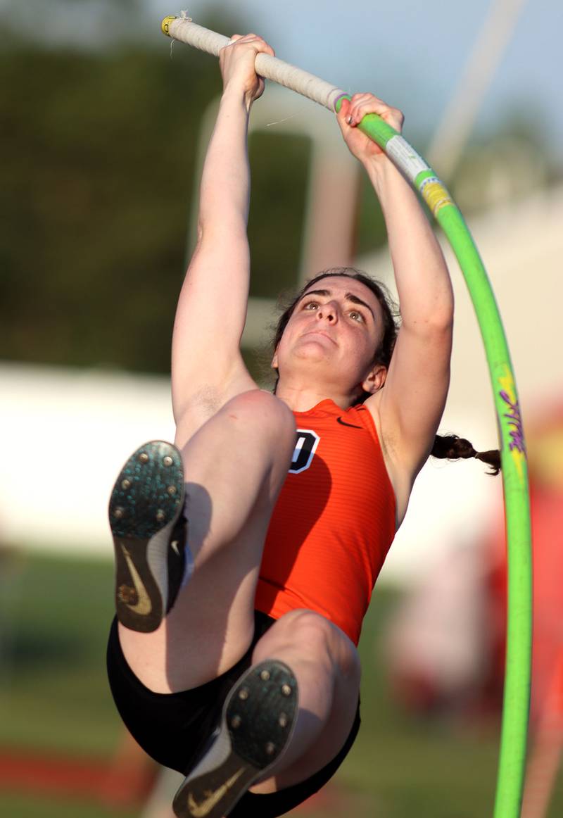 DeKalb’s Alyssa Tumminaro competes in the pole vault in IHSA Class 3A Girls Sectional Track and Field Meet action at Red Raider Stadium on the campus of Huntley High School in Huntley on Wednesday, May 14, 2025.