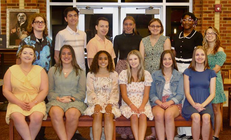 Students receiving $6,000 and more at the Streator High School Honors Awards Banquet on Wednesday, May 11, 2022, were (seated left to right) Zoey Dearth, Hannah Rambo, Isabel Bemont, Abby Bedecker, Lydia Schultz and Nora Groesbeck, (standing left to right) Trevor Mitts, Connor Novotney, Gavin Howard, Zoe Crawford, Laci Irvin, Ebony Pickens and Brianna Janke. Not pictured: Claire Vogel.