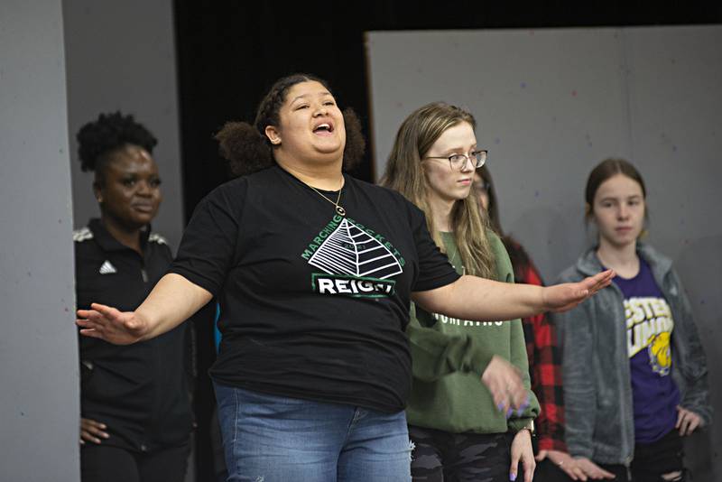Alliah Hainespenny, playing the part of Sour Kangaroo, belts out a song Monday at Rock Falls High School in a rehearsal for the Friday and Saturday performances of “Seussical the Musical.”