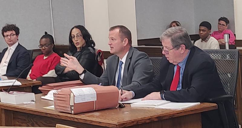 Kankakee County State's Attorney Jim Rowe (second right) discusses a point during the sentencing hearing for Xandria Harris on contempt charges Friday, Nov. 14, 2025. To Rowe's left is Assistant State's Attorney Dan Reedy. To the right of Rowe are attorney Cierra Norris, Harris and attorney Adam Goldberg.