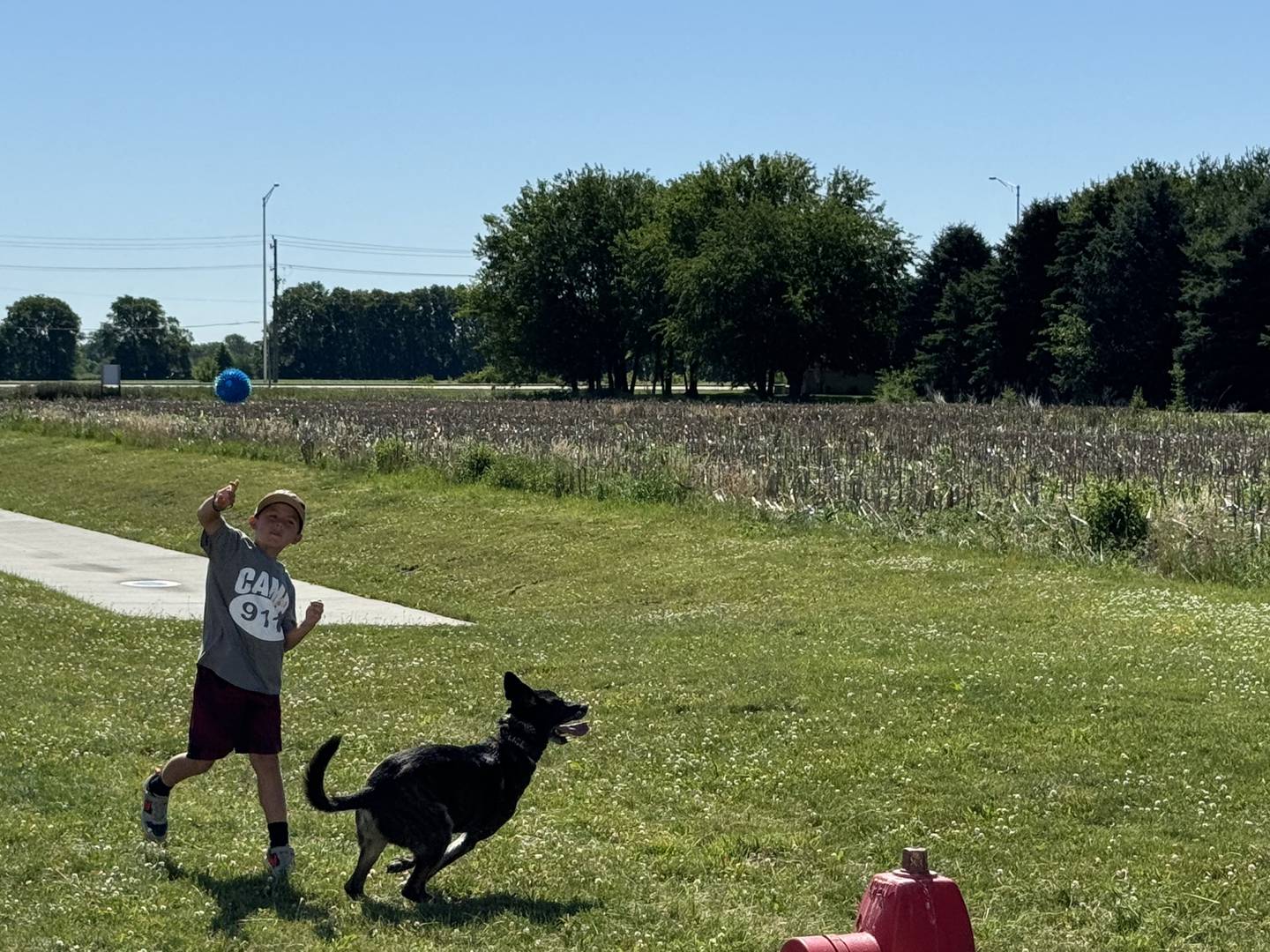 8-year-old Ryder plays fetch with Officer Mark Vanderploeg's dog, Niko.
