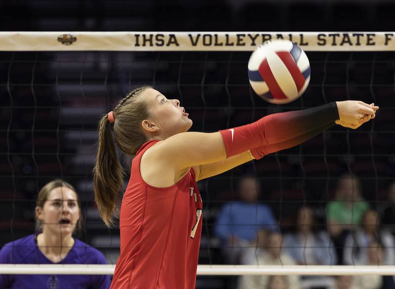 Timothy Christian's Ella Rickert makes a play against El Paso-Gridley Saturday, Nov. 16, 2024, in the Class 2A third place state volleyball match at CEFCU Arena in Normal.