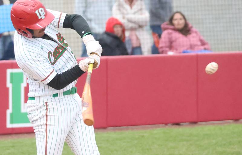 L-P's Monti Lorenzi gets a hit against Ottawa on Thursday, April 30, 2026 at Huby Sarver Field in the L-P Athletic Complex in La Salle.