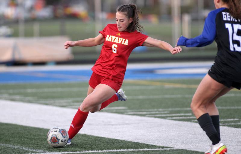Batavia’s Carlin King kicks the ball during a Tri-Cities Night game against Geneva at Geneva High School on Tuesday, April 26, 2022.