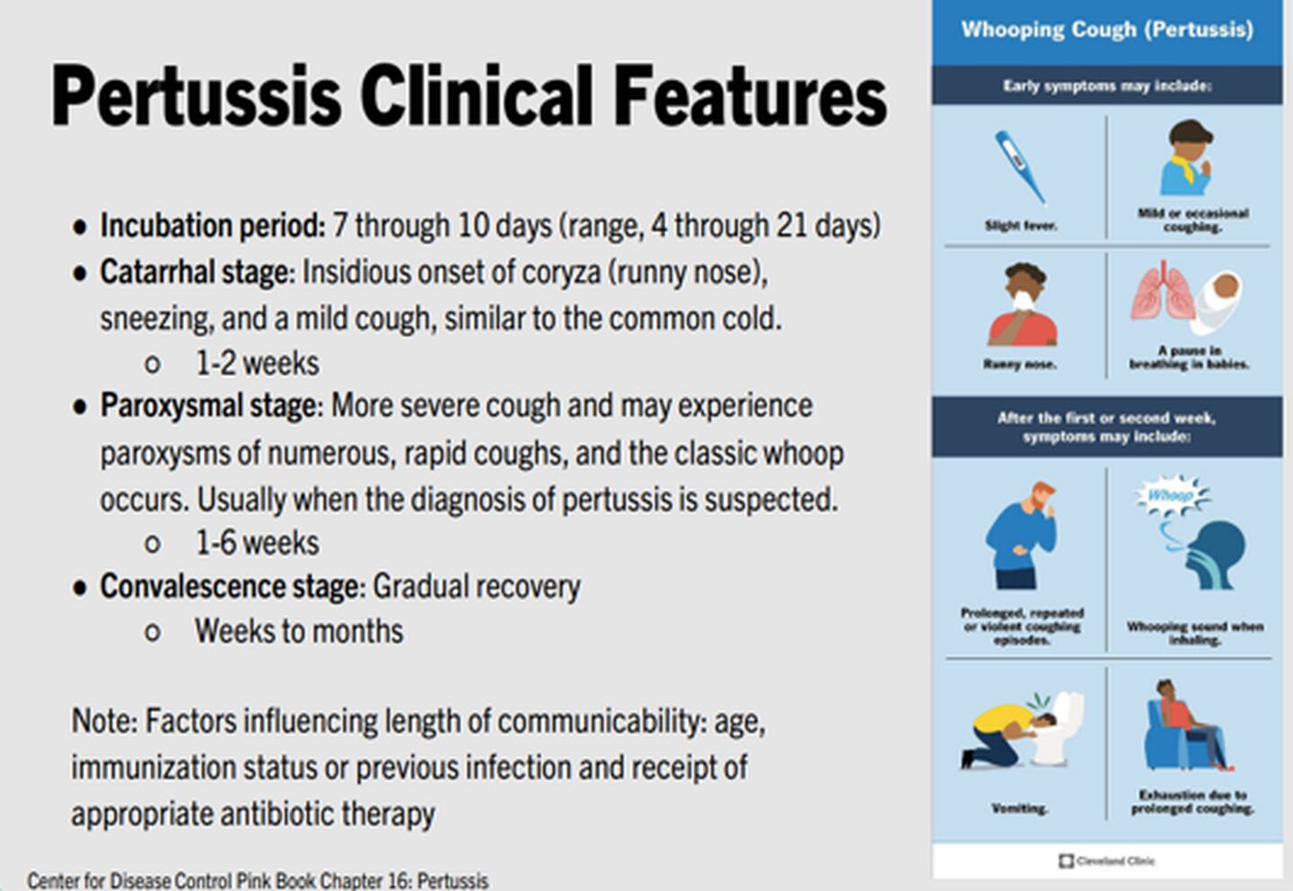 Symptoms of Whooping Cough begin with a cough, but can quickly progress to more serious symptoms if treatment is not received.