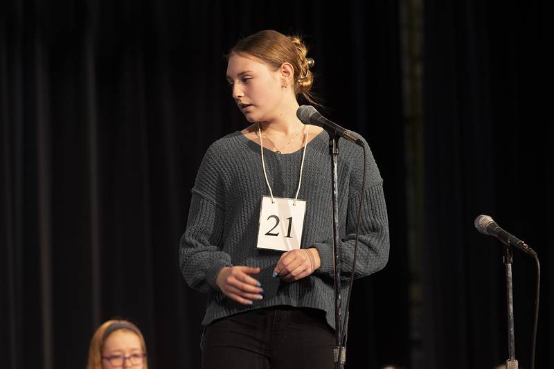 Oregon 8th grader Kendall Boyle competes Thursday, Feb. 21, 2024 at the Lee-Ogle-Whiteside regional spelling bee. Boyle missed on the word “agitation” in round two.