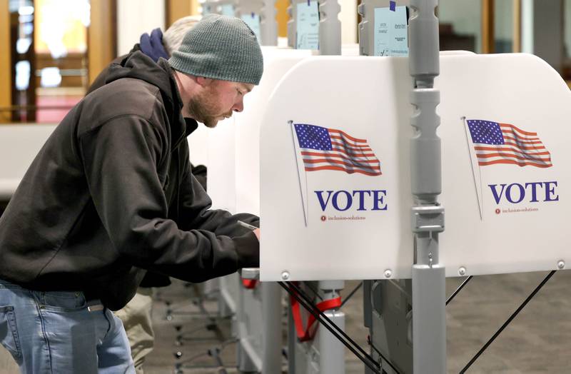 Joe Shippy, from DeKalb, votes in the primary election Tuesday, March 19, 2024, in the polling place at Westminster Presbyterian Church in DeKalb.