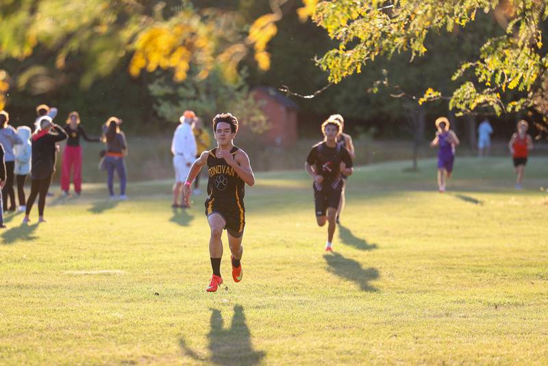Donovan's Evan Lopez nears the finish line in the boys 3-mile race during All-Area Cross Country meet on Wednesday, Oct. 8, 2025, at Kankakee Community College.