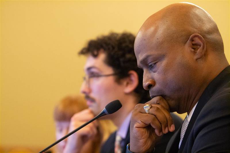 House Speaker Emanuel “Chris” Welch is pictured with members of the Illinois Legislative Staff Association organizing committee testifying in front of an October 2023 committee hearing.