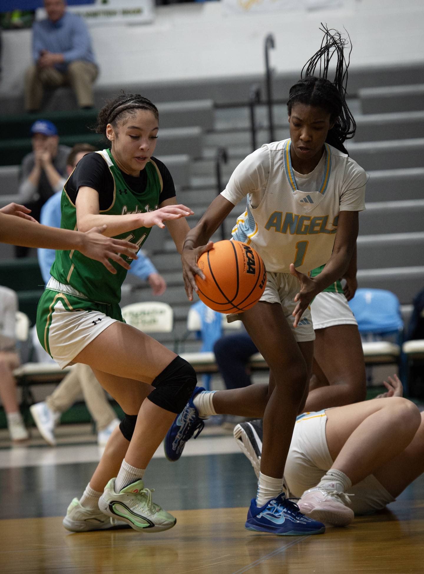 Joliet Catholic's Makenzie Keltz, right, recovers a loose ball over Bishop McNamara's Jaide Burse, left, during the Class 2A Regional Championship on Thursday, Feb. 19, 2026.