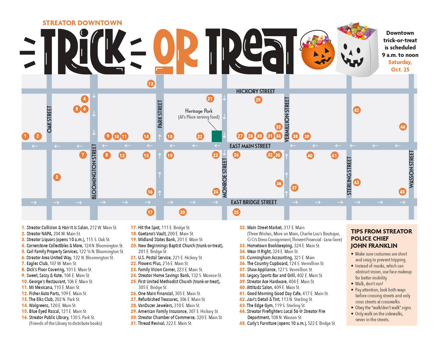 A map of participating downtown Streator businesses for Saturday morning’s trick-or-treating event.