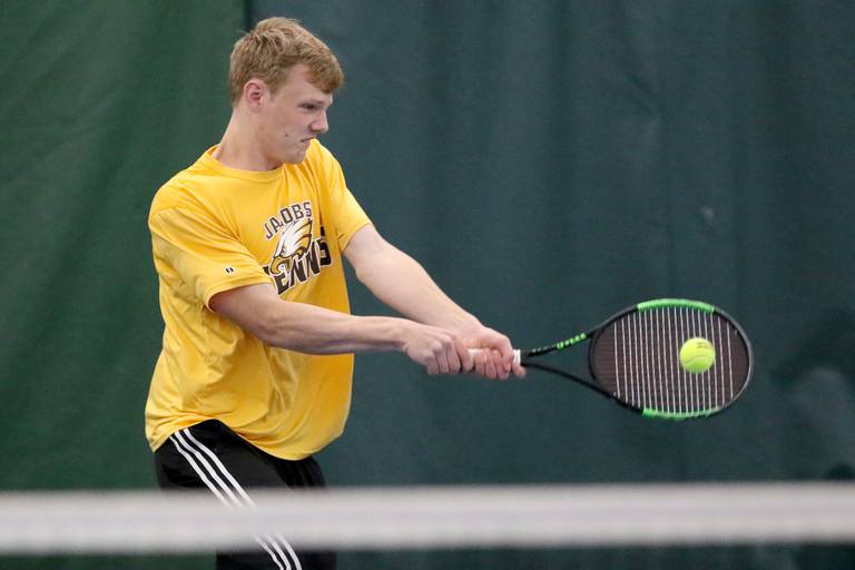 Jacobs' Thomas Nelson takes on Crystal Lake South's Jackson Schuetzle in the Fox Valley Conference boys tennis tournament singles finals at The Racket Club on Friday, May 28, 2021 in Crystal Lake.