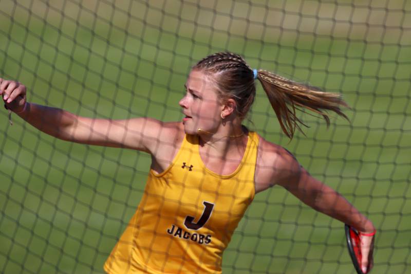 Jacobs’ Layla Merlin competes in the discus in IHSA Class 3A Girls Sectional Track and Field Meet action at Red Raider Stadium on the campus of Huntley High School in Huntley on Wednesday, May 14, 2025.