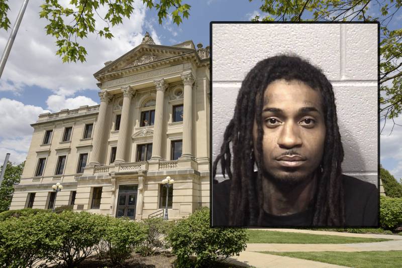 Centavius M. Ingram, 29, of the 200 block of Ruby Lane, DeKalb, is charged with unlawful possession of a weapon by a felon, unlawful possession of firearm ammunition by a felon, possession of a firearm without a Firearm Owners Identification Card, possession of ammunition without a FOID card, and criminal trespass to residence. DeKalb police allege they found Ingram asleep on a couch with a loaded gun inside an apartment inhabited by a woman he doesn't know on June 5, 2023. (Inset photo provided by DeKalb County Jail)
