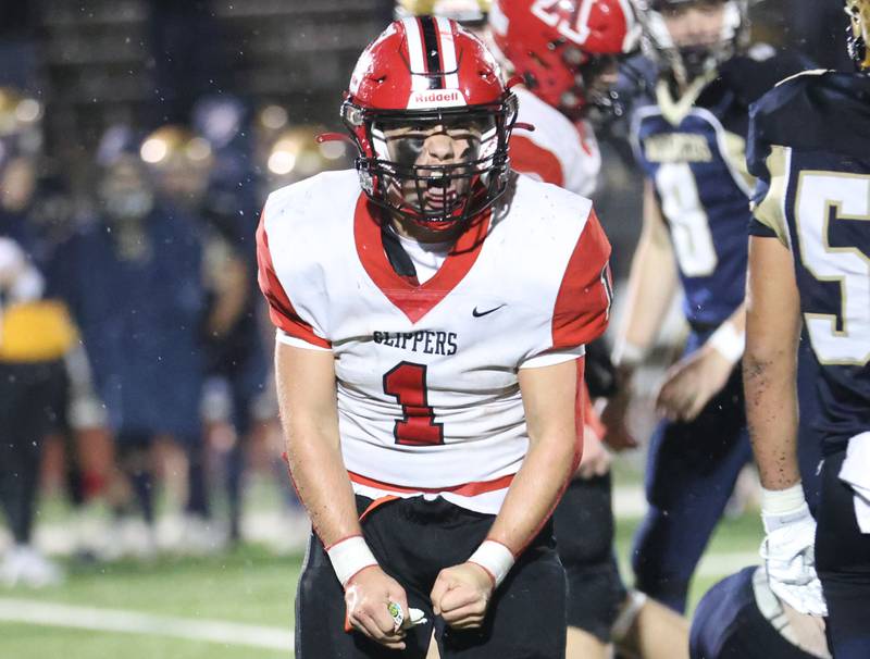 Amboy/LaMoille/Ohio's Jose Lopez reacts after making a stop on fourth down against Polo during the 8-man I8FA championship game on Friday, Nov. 21, 2025 at April Zorn Memorial Stadium in Monmouth.