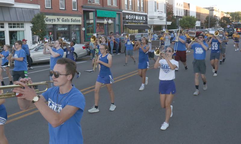 The Princeton High School band marches during the homecoming parade on Thursday, Sept. 25, 2025 along South Main Street in Princeton .