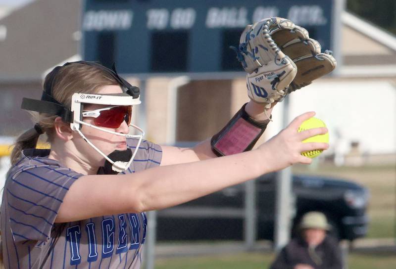 Princeton's Piper Hansen lets go of a pitch to L-P on Tuesday, March 24, 2026 at Little Sibera Field in Princeton.