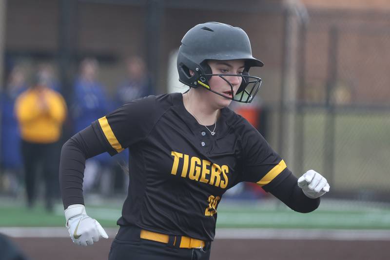 Joliet West’s Olivia Horn heads to first base on a single against Sandburg on Thursday, March 12, 2026 in Joliet.