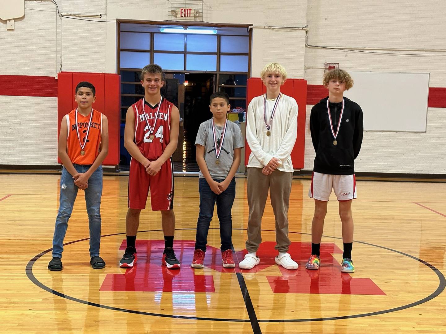 Named to the 2023 Malden All- Tournament team were Manual Arjon of Neponset (left), Lane Guskusky of Malden, Xavier Arjon of Neponset and Jake Harris and Julian Mucha of PCA.