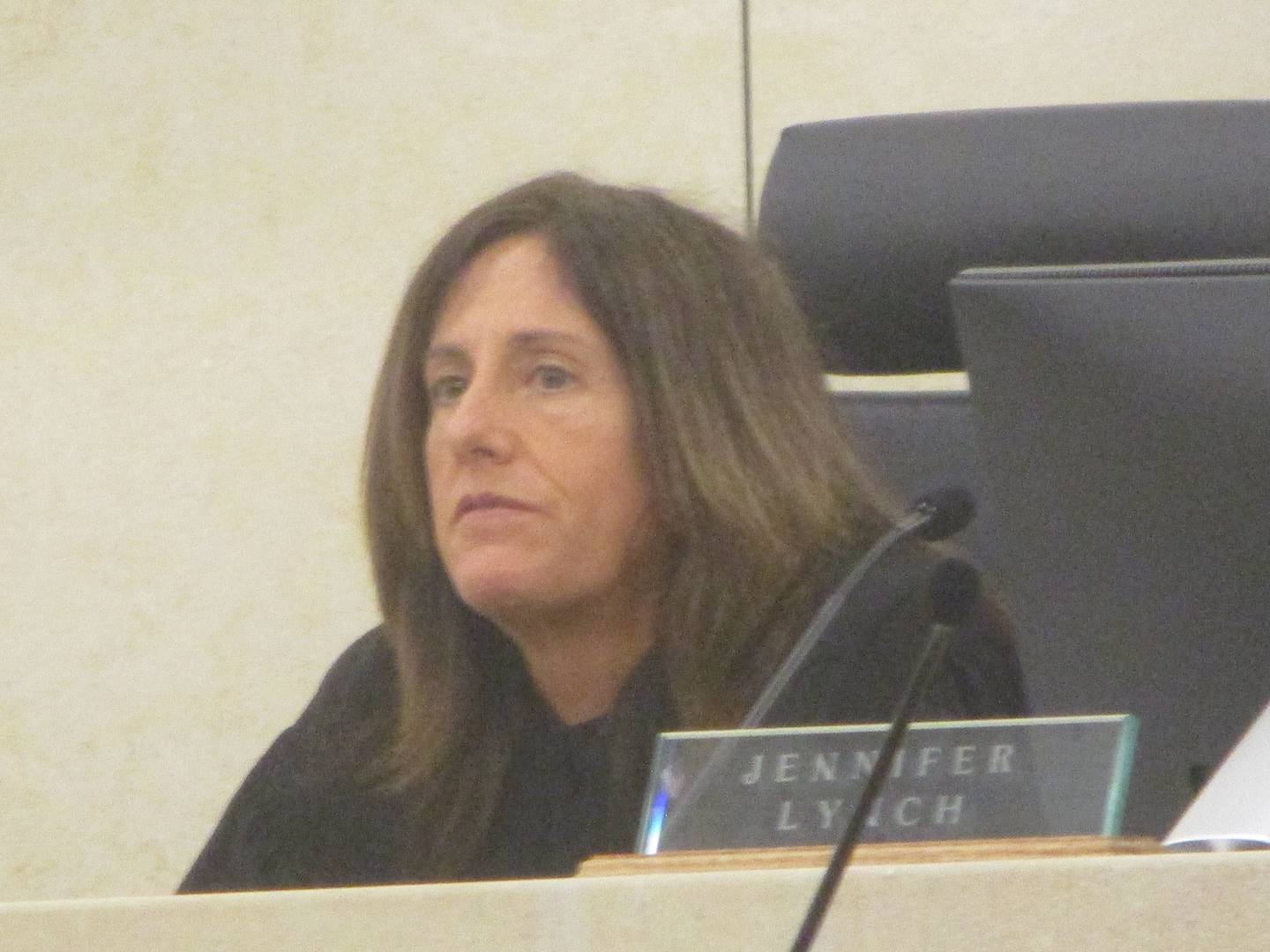 Will County Judge Jennifer Lynch listens to attorneys on Thursday at a hearing in the case challenging Joliet Councilman Juan Moreno's legitimacy to hold office. Dec. 4, 2025