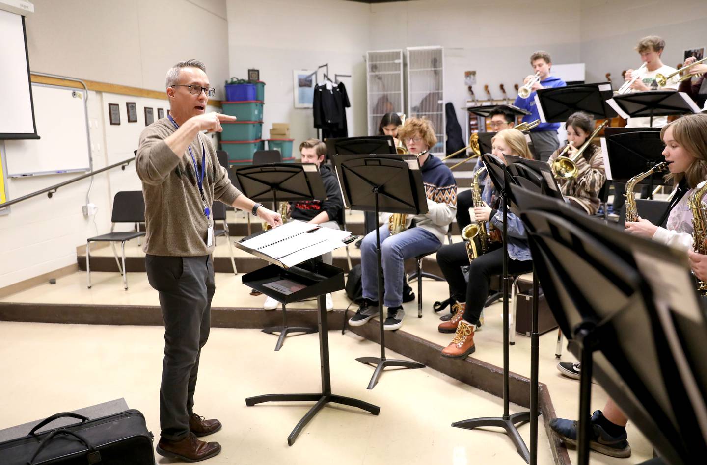 Geneva High School band director Pat Frederick works with the school’s jazz band. Frederick, himself a GHS graduate, will be retiring this year after 29 years.