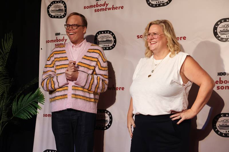 Actors Jeff Hiller and Bridget Everett poses for photos at the HBO premiere of Somebody Somewhere at Roxy Lockport on Wednesday, Oct. 30, 2024 in Lockport.