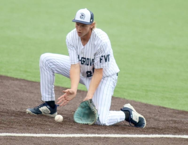 Cary-Grove’s Brock Iverson snags a grounder against Triad in IHSA Class 3A Third Place Game baseball action at Slammer Stadium in Joliet on Saturday, June 14, 2025.
