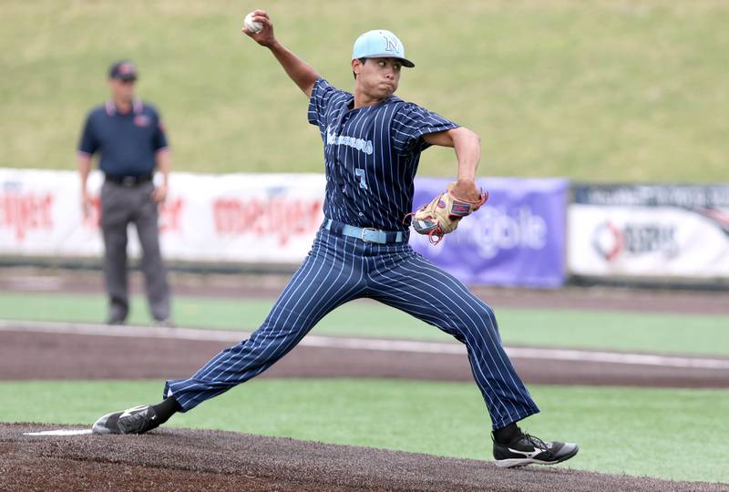 Nazareth's Sebastian Gutierrez fires a pitch Friday, June 10, 2022, during their IHSA Class 3A state semifinal game against Crystal Lake South at Duly Health and Care Field in Joliet.
