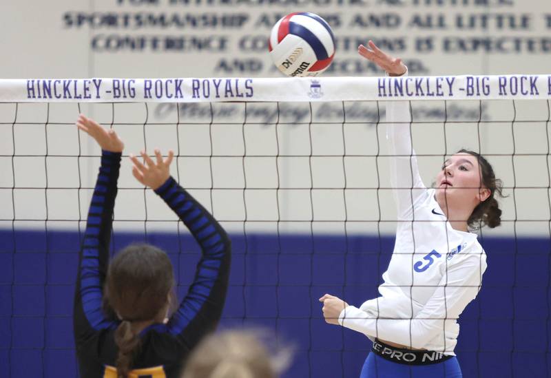 Hinckley-Big Rock's ILY Hunt spikes the ball over Somonauk's Alexis Matejovsky during their match Thursday, Sept. 15, 2022, at Hinckley-Big Rock High School.