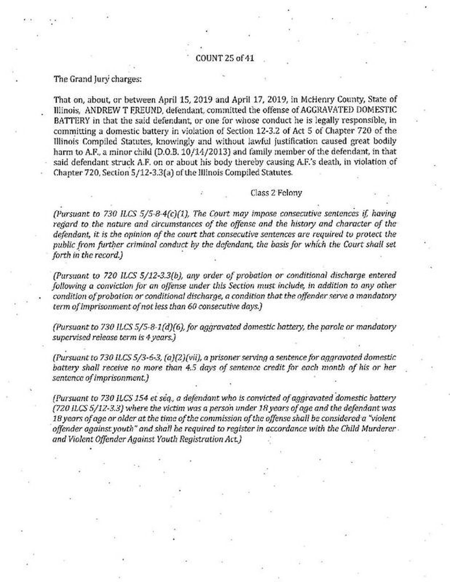 Indictment filed against JoAnn D. Cunningham and Andrew T. Freund, the parents of 5-year-old AJ Freund