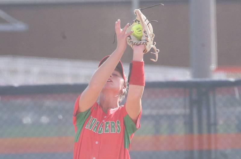 L-P's Callie Mertes squeezes her glove to make an out against Streator during the Class 3A Regional semifinal game on Tuesday, May 27, 2025 at Pontiac High School.
