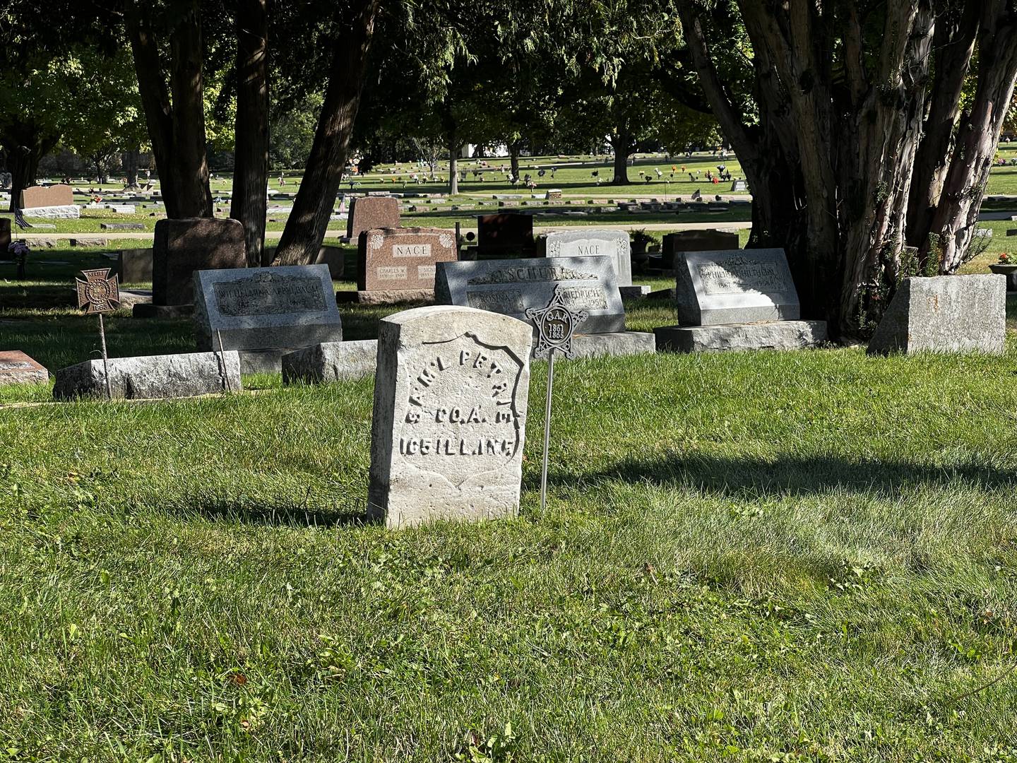 Samuel Petrie, a veteran of the Civil War and member of the Grand Army of the Republic, is buried at Elwood Cemetery. On Oct. 6, 2024 a member of the  Sons of Union Veterans of the Civil War placed a Grand Army of the Republic stake next to Petrie's tombstone.