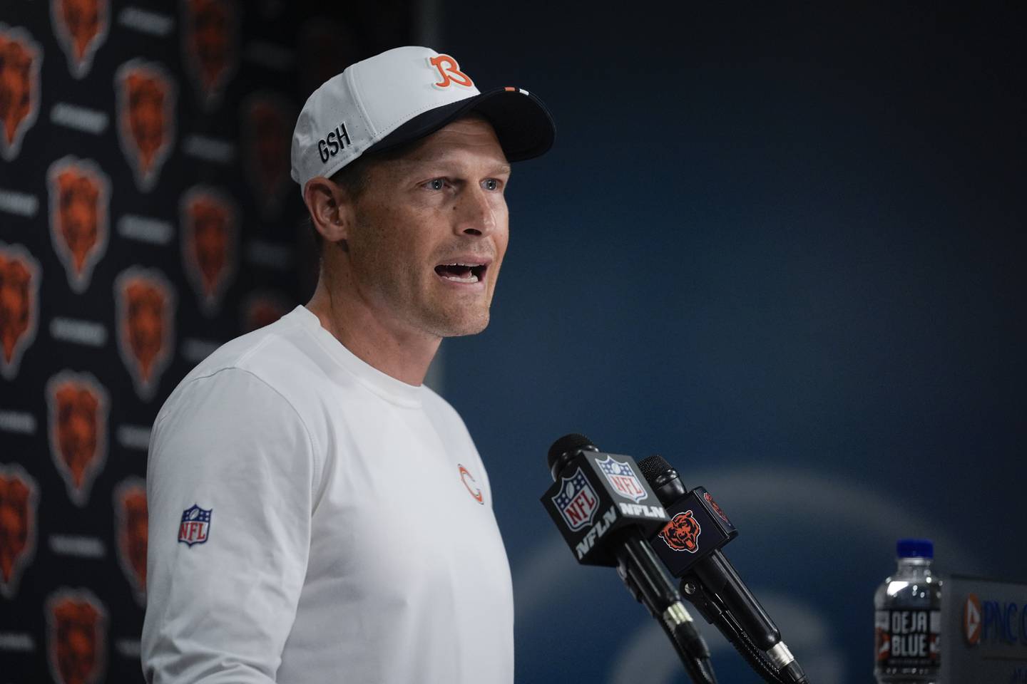 Chicago Bears head coach Ben Johnson speaks during a press conference at NFL football training camp Thursday, July 24, 2025, in Lake Forest, Ill. (AP Photo/Erin Hooley)