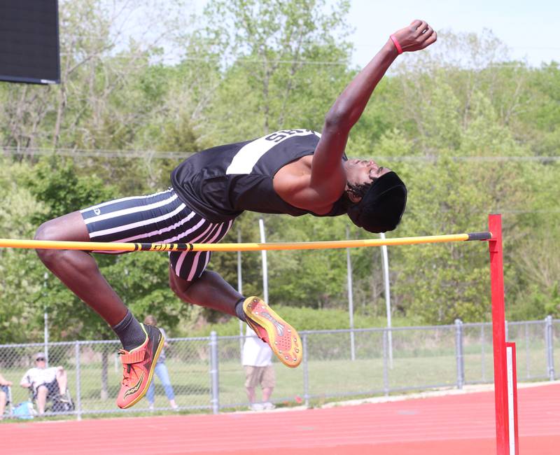 Kaneland's Frederick Hassan does the high jump during the I-8 Boys Conference Championship track meet on Thursday, May 11, 2023 at the L-P Athletic Complex in La Salle.