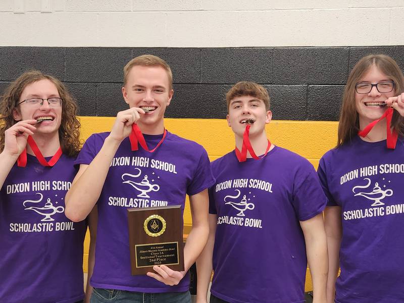 Dixon High School scholastic bowl team members Nathan Stauter (left), Jayden Toms (left middle), Owen Winters (right middle), and Ronin Quick (right) celebrate after winning 2nd place at the Masonic Tournament regional in February 2025. Stauter and Quick were selected for the Illinois High School Association All-Sectional team.