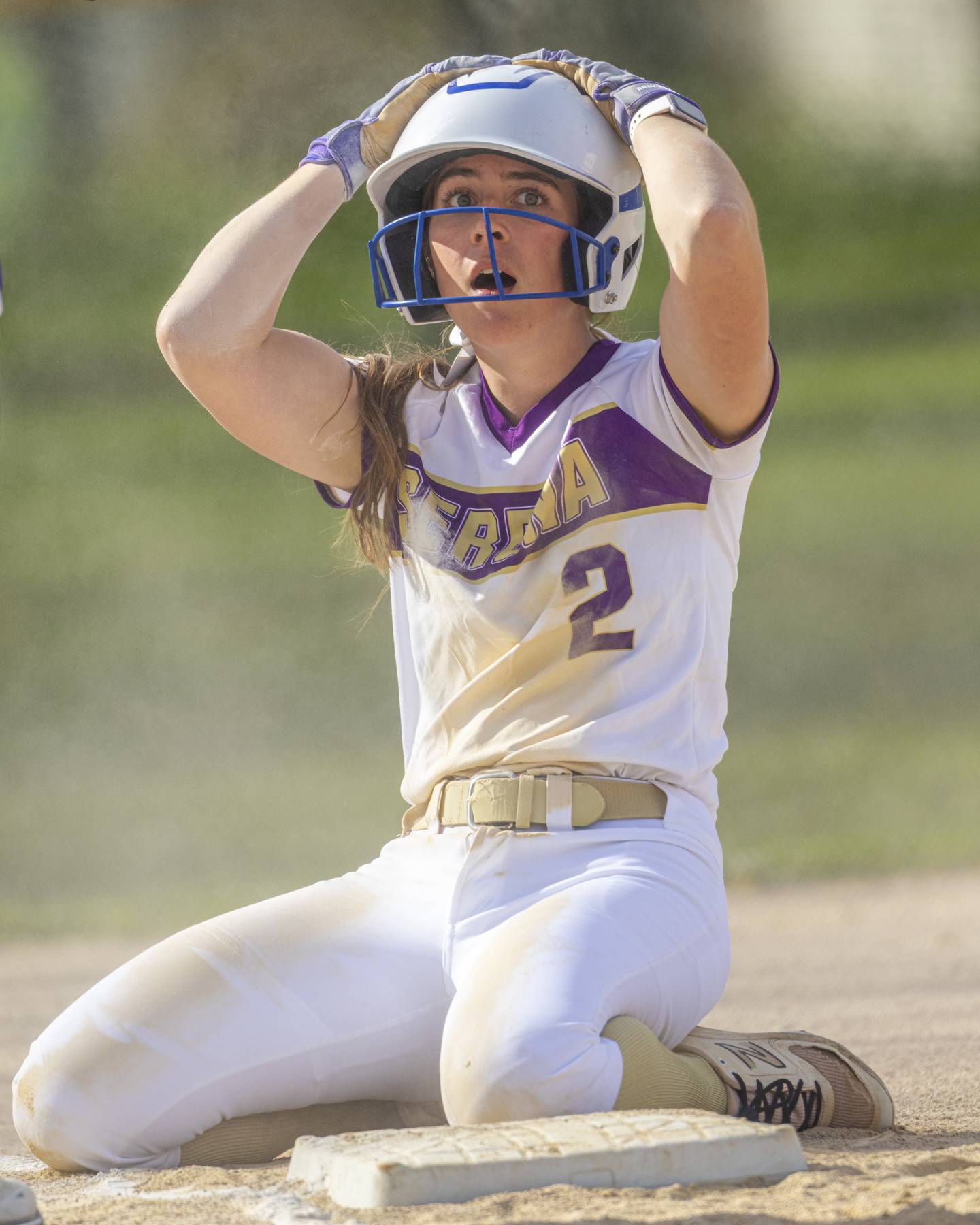 RayElle Brennan of Serena High School reacts to being thrown out at third after trying to extend a double in the first inning during the game on April 29, 2025 at Newark High School.