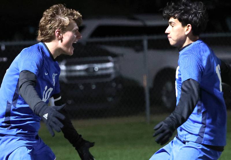Burlington Central players celebrate after scoring the first goal of the game against Sycamore Tuesday, Oct. 21, 2025, during their IHSA Class 2A regional semifinal match at Burlington Central High School.