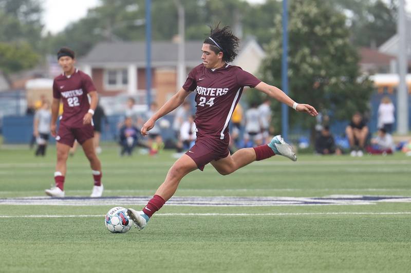 Lockport’s Dario Gutierrez takes a deep shot against Solorio in the Windy City Classic at Revis High School in Burbank on Saturday, Aug. 26, 2023.