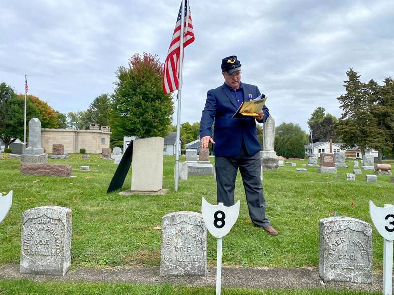 Wayne Mansfield, member of the Sons of Union Veterans of the Civil War, presents on John R. Petrie, a Sycamore Civil War veteran who lived from 1836 to 1923. Petrie served as a private corp. in the 6th Illinois Infantry. Mansfield spoke at the DeKalb County History Center’s annual Etched in Stone Cemetery Walk at Elmwood Cemetery, 901 S. Cross St., Sycamore on Sunday, Oct. 8, 2023.
